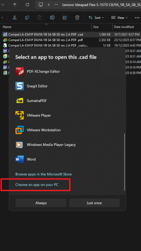 Chọn "Choose an app on your PC" để tiếp tục chọn phần mềm openboardview.exe là phần mềm đọc boardview mặc định.