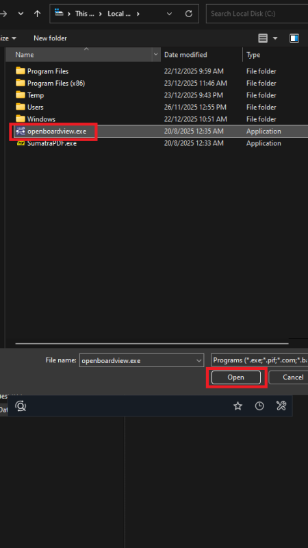 Chọn file "openboardview.exe" và nhấn nút "Open" để kết thúc việc chọn phần mềm openboardview.exe là phần mềm đọc boardview mặc định.