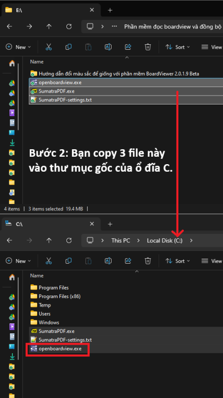Bạn copy 3 file này của phần mềm đọc boardview và schematic vào thư mục gốc của ổ đĩa C
